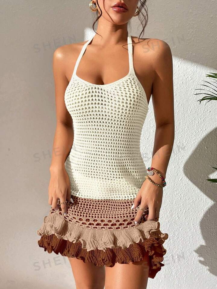 Hollow Out Ruffle Hem Halter Neck Backless Cover Up Dress | SHEIN