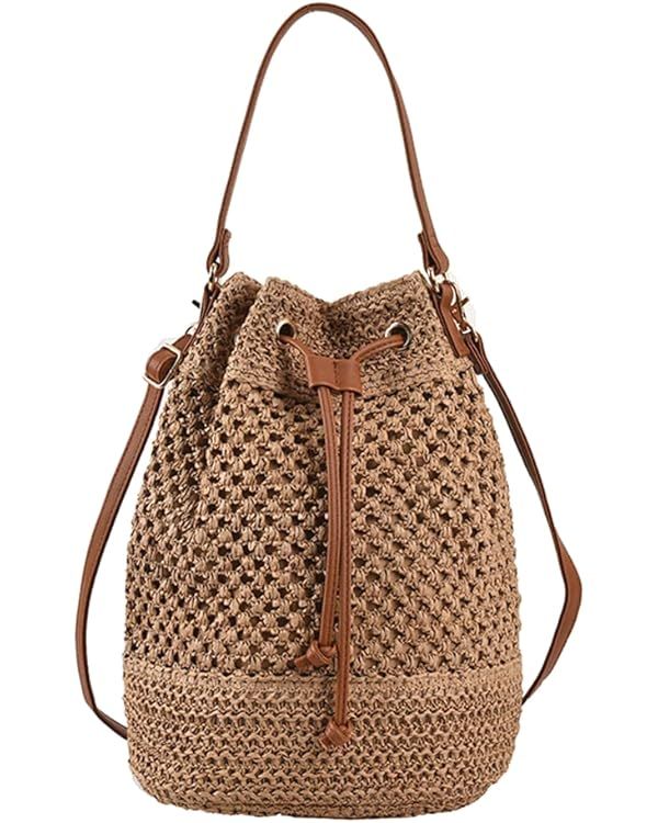Orgone Straw Bucket Bag, Summer Beach Handmade Tote Bag, Woven Rattan Raffia Wicker Basket Purse ... | Amazon (US)