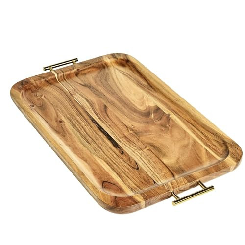 CNEIESD Acacia Wood Rectangle Tray with Gold Color Handles, Wooden Tray with Metal Handles，for Decorative Wooden for Kitchen, Living Room & Bedroom | Amazon (US)