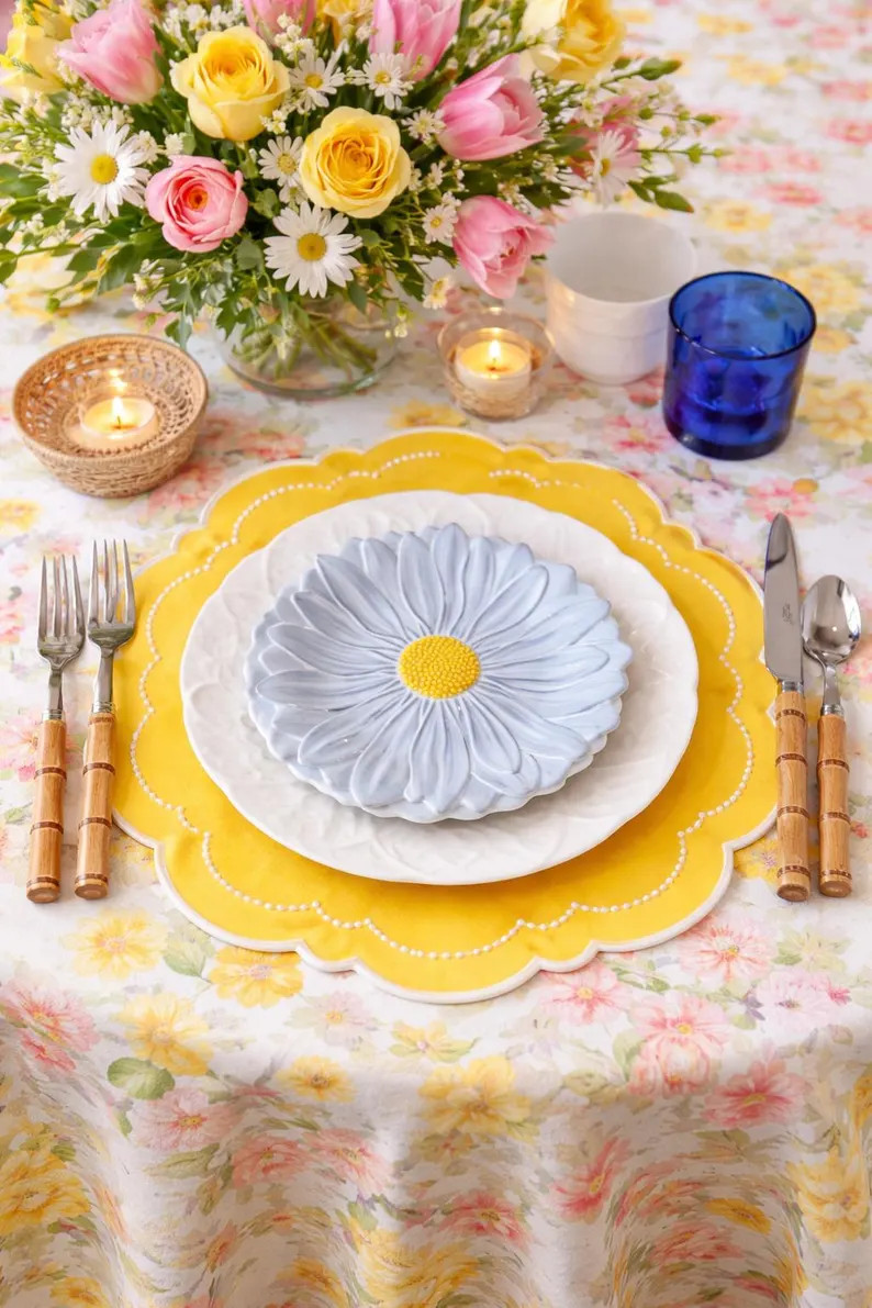 Scalloped Yellow Placemat Handmade Embroidered with Beaded Edge, Yellow Table Decor | Etsy (Global)