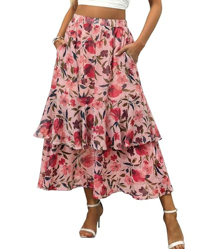 luvamia Long Skirts for Women Floral Flowy Boho Tiered Ruffle A Line Summer Chiffon Elastic Waist... | Amazon (US)