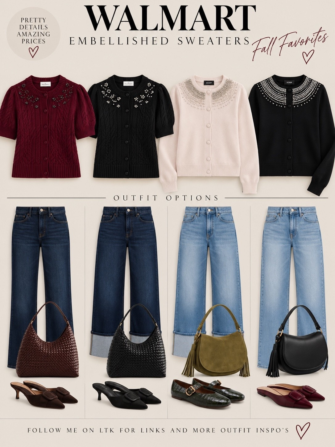 Walmart’s new embellished sweaters are such a fun addition to your fall and winter wardrobe. Pair them with your favorite jeans for an elevated everyday OOTD, or dress them up for Thanksgiving dinner, holiday gatherings, and Christmas celebrations.

I love pieces that can go from casual to festive with a simple change of shoes and accessories. Dress them up or down—either way, you can’t go wrong! These are the kind of statement sweaters that make getting dressed a little more fun.