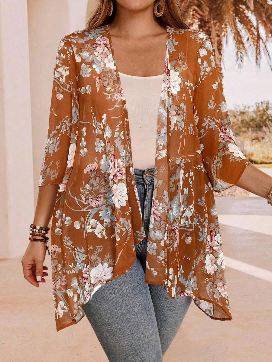 EMERY ROSE Plus Size Elegant Asymmetrical Hem Front Open Lightweight Summer Jacket,Country Casual... | SHEIN