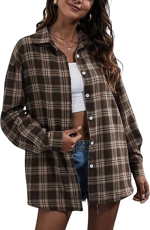 Ailoqing Women's Fall Fashion Oversized Plaid Flannel Shirt Button Down Shirt Shacket | Amazon (US)