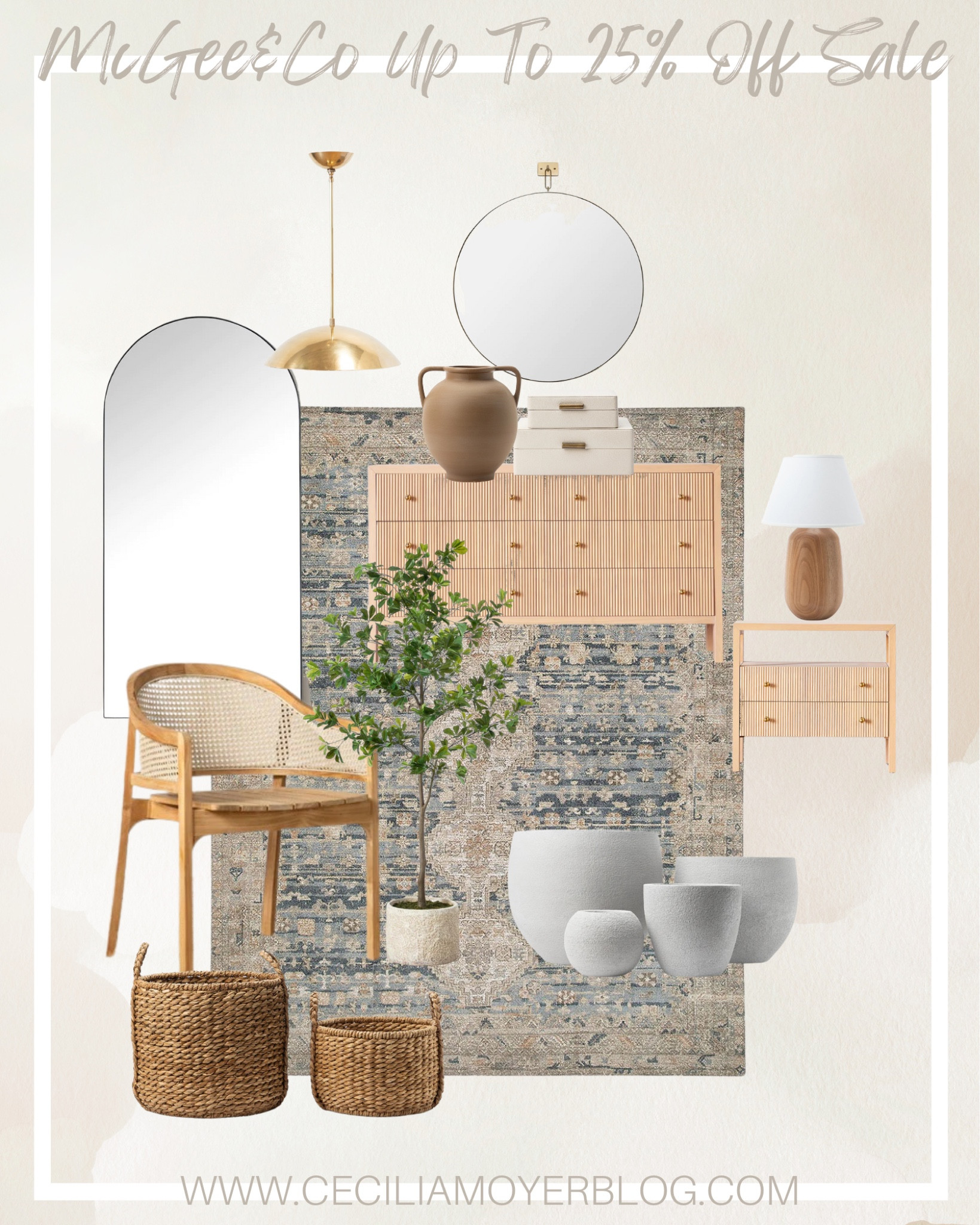 McGee & Co home decor and furniture on sale at 25% off!  Living room decor - side chair - neutral decor - area rug - floor mirror - pendant lighting 

#LTKunder100 #LTKsalealert #LTKhome