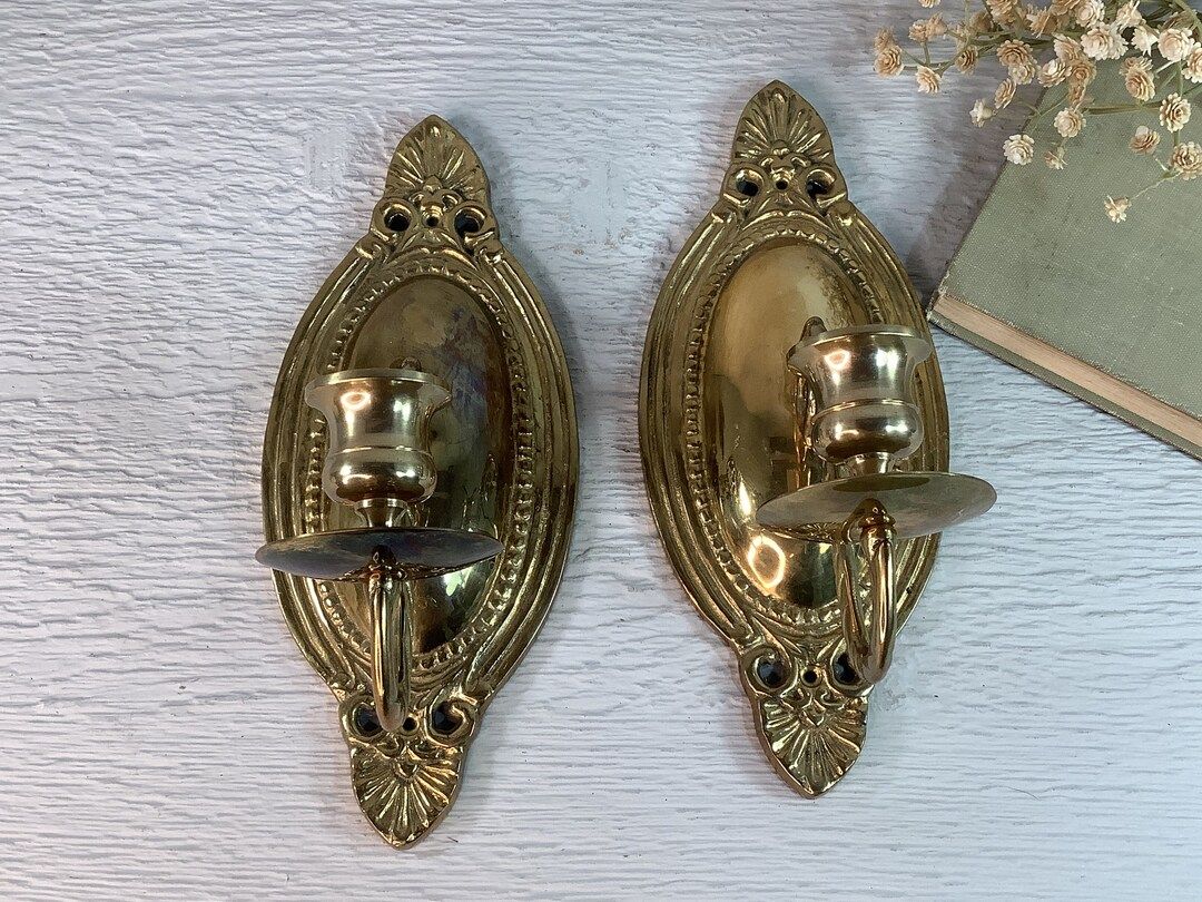 Vintage Pair of Brass Wall Sconce Candle Holders/ Gold Brass Taper Candlestick Holders/ MCM/ Retr... | Etsy (US)