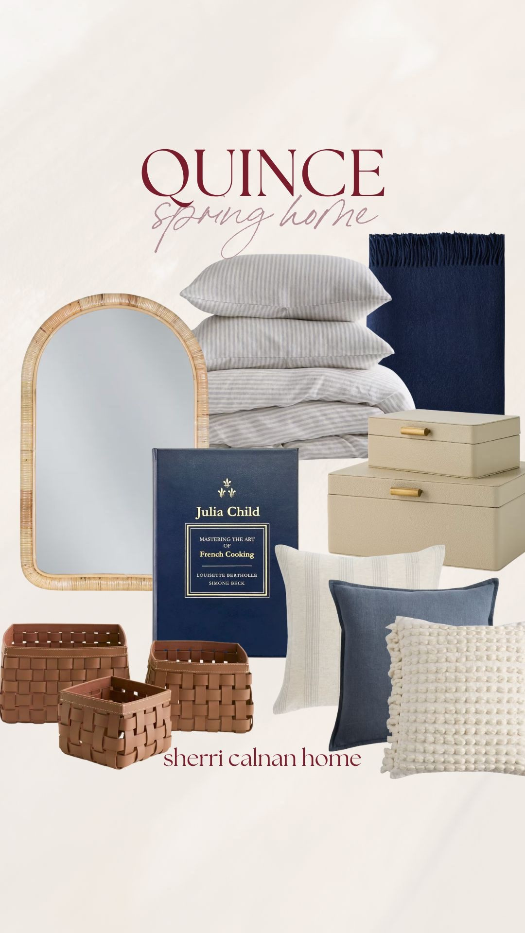 Quince spring home favorites in classic navy and soft neutrals. Striped bedding, woven baskets, decorative pillows, rattan mirror, and timeless storage pieces for a calm and tailored bedroom refresh.

Quince home decor, Quince bedding review, striped bedding set, navy home accents, woven storage baskets, rattan mirror decor, neutral bedroom styling, classic spring bedroom, affordable luxury home, modern traditional decor, sherricalnanhome

#LTKHome