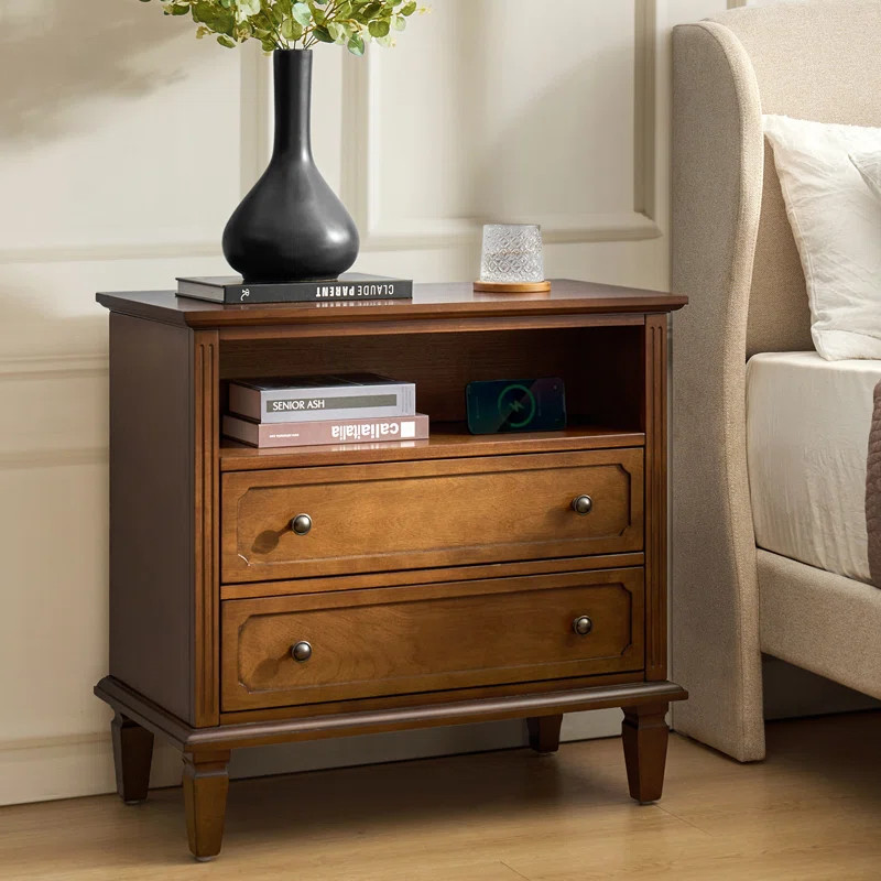Amberlyn 27.2'' H Traditional2-Drawer Nightstand with Built-In Outlets and Solid Wood Legs and Op... | Wayfair North America