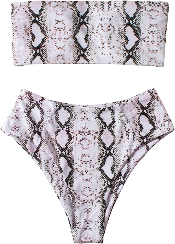 OMKAGI Women's 2 Pieces Bandeau Bikini Swimsuits Off Shoulder High Waist Bathing Suit High Cut | Amazon (US)