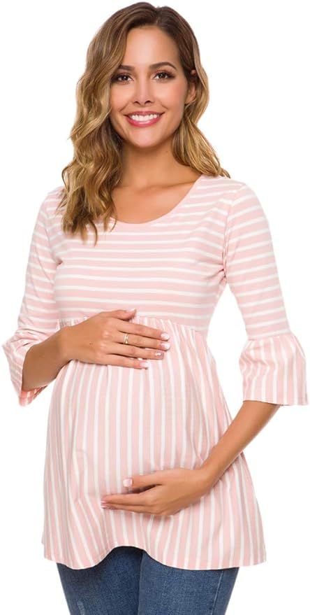 Ecavus Womens Casual Maternity Tops Striped Peplum 3/4 Ruffle Sleeve Shirt Ultra Soft Pregnancy C... | Amazon (US)