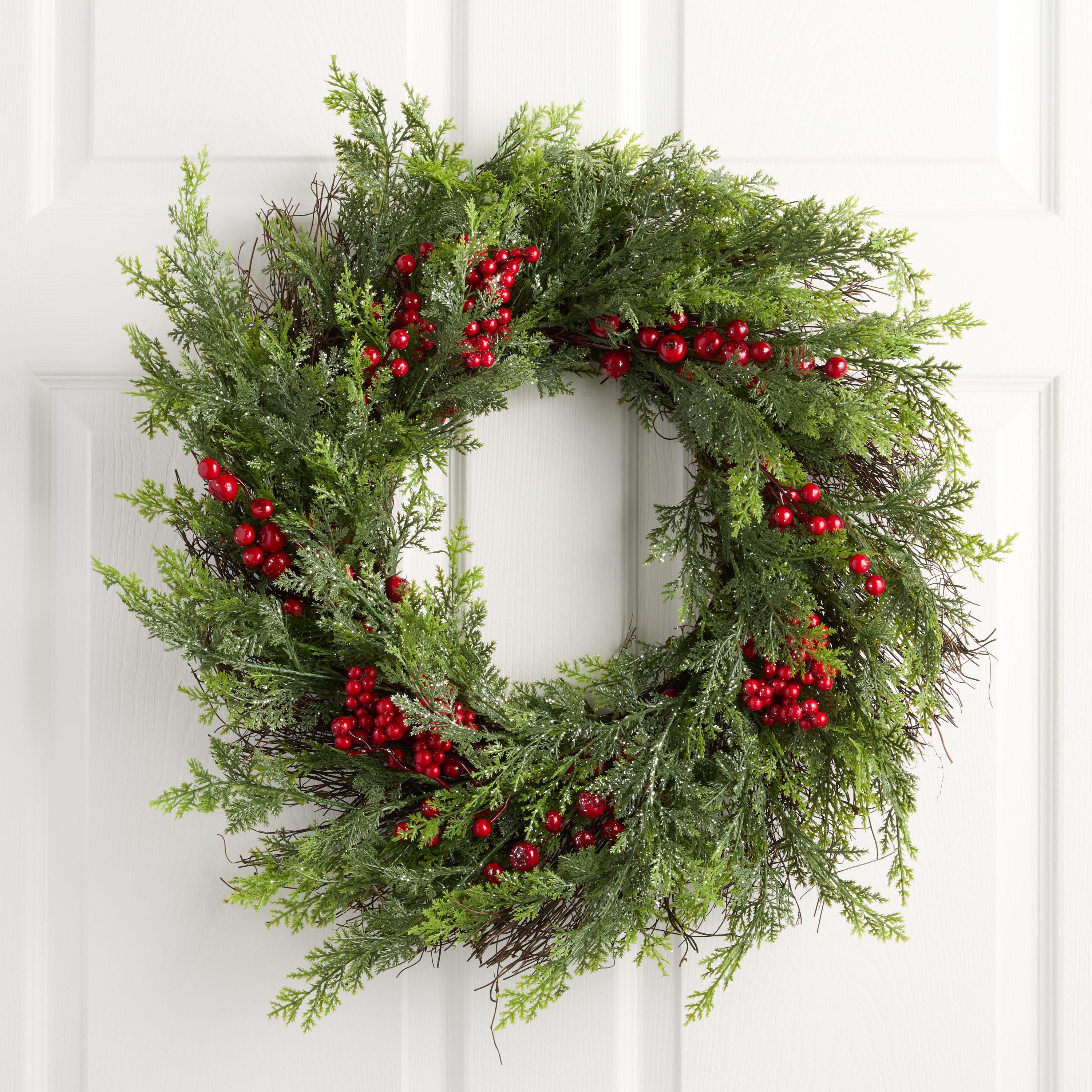 Icy Tonal Green Faux Cypress and Red Berries Wreath | World Market