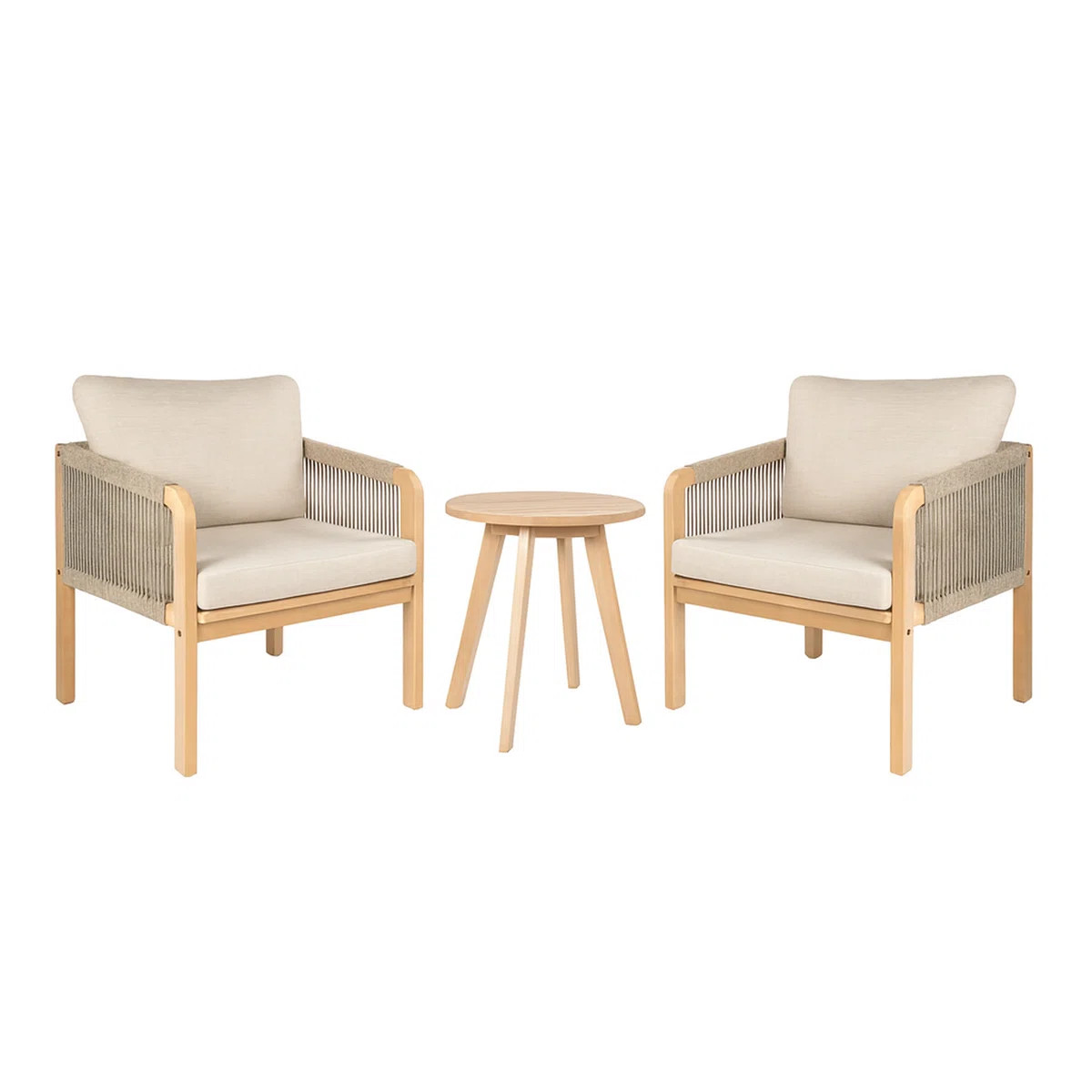 Aveiro 3-Piece Modern Bohemian Roped Round Acacia Wood Conversation Outdoor Patio Set with Cushions | Wayfair North America