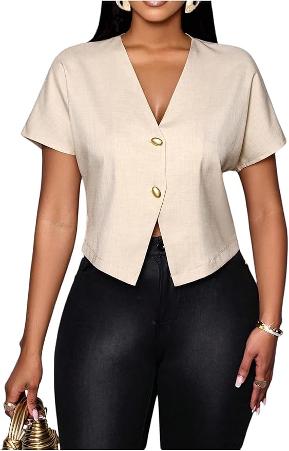Floerns Women's V Neck Button Asymmetrical Hem Blouse Short Sleeve Elegant Shirt Tops | Amazon (US)
