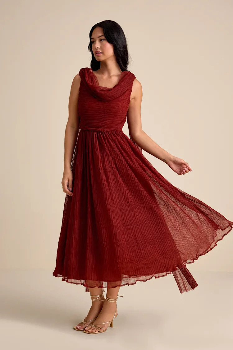 Katreea Rust Red Pleated Cowl Neck Sash Midi Dress | Lulus