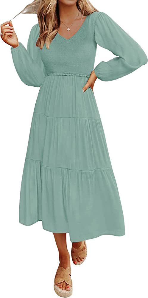 MEROKEETY Women's Casual Long Sleeve Smocked Dress V Neck High Waist Ruffle Tiered Midi Dresses | Amazon (US)