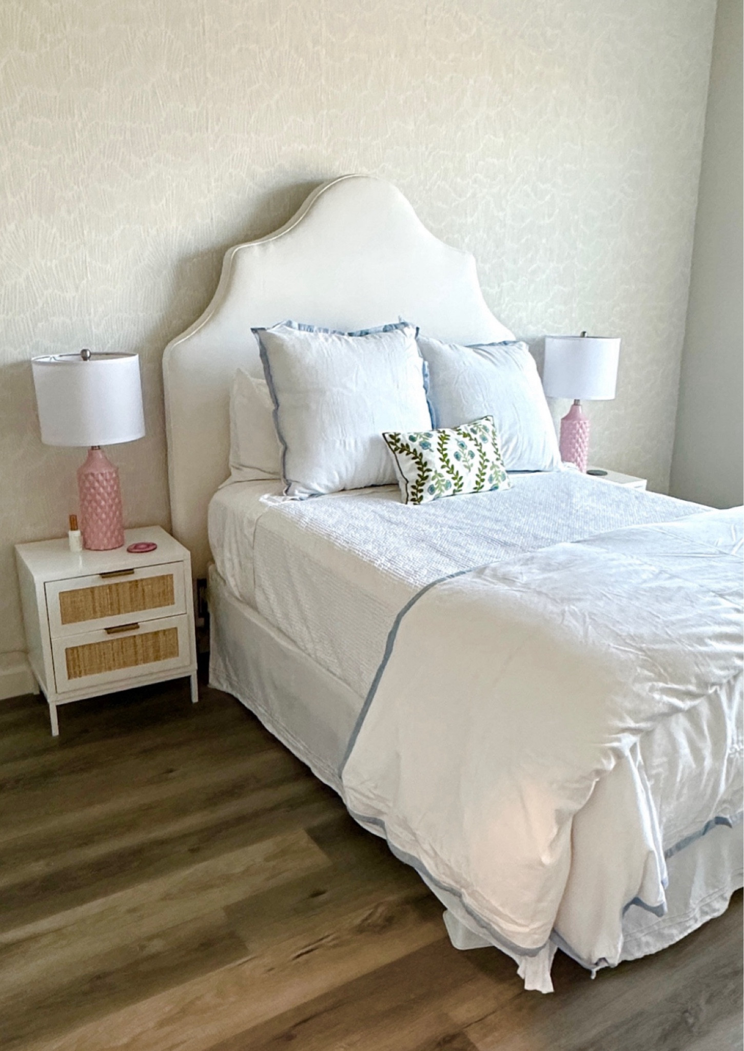 College apartment/dorm room, inspiration
Serena and lily white upholstered tall headboard
Serena and Lily euro shams and duvet cover
The perfect cotton, waffle blanket
The most luxurious cotton sateen sheets
Pink texturize lamps
Blue and green floral accent pillow 
White and rattan night stands 
I’ve also linked the blue floral rug that is coming! 

#LTKStyleTip #LTKBacktoSchool #LTKKids
