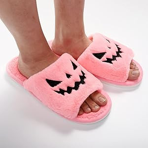 TITTOK Spooky Slides Halloween Slippers Jack O Lantern Pumpkin Soft Plush Cozy Open Toe Indoor Ou... | Amazon (US)