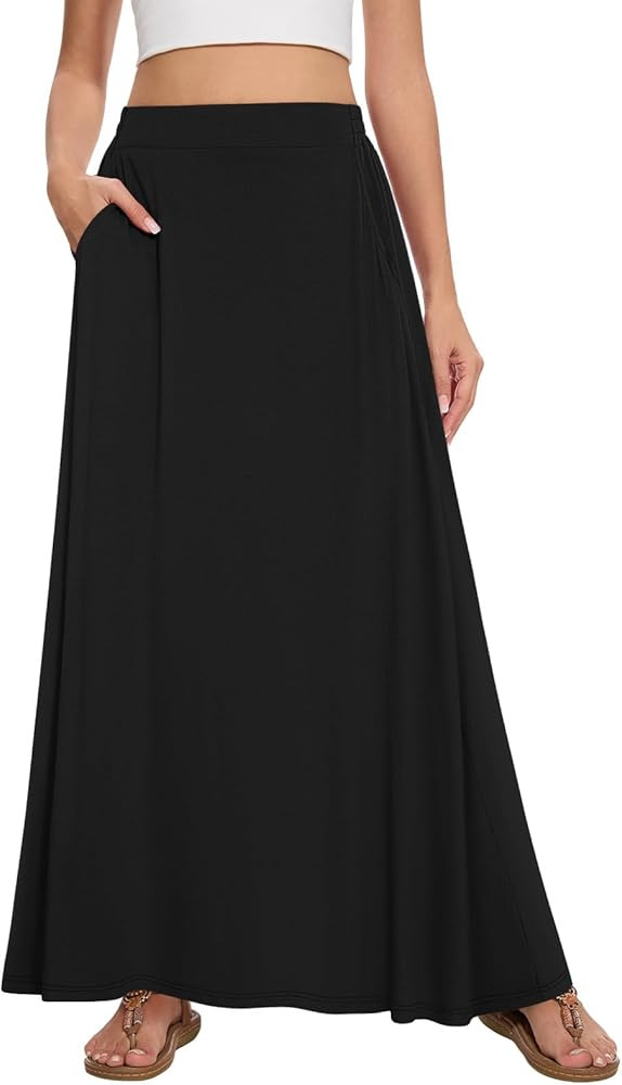 Womens Maxi A-line Long Skirt Casual 2026 Elastic High Waist Flowy Skirts with Pockets | Amazon (US)