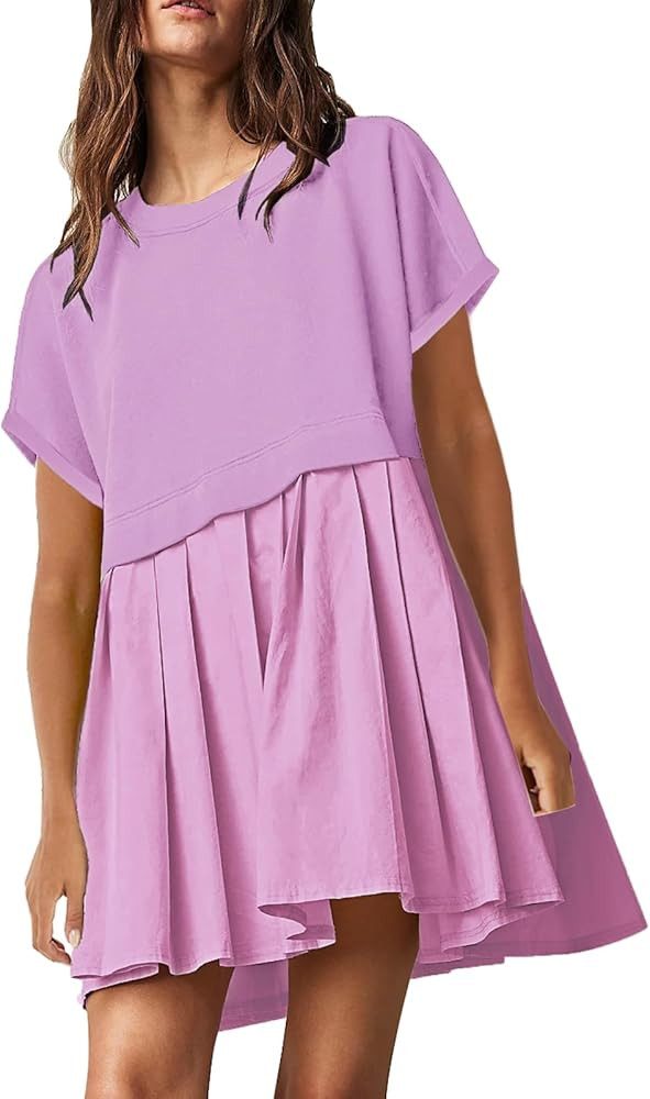 SAUKOLE Womens Summer Crew Neck Short Sleeve Dress Patchwork Pleated A Line Beach Boho Mini Dress | Amazon (US)