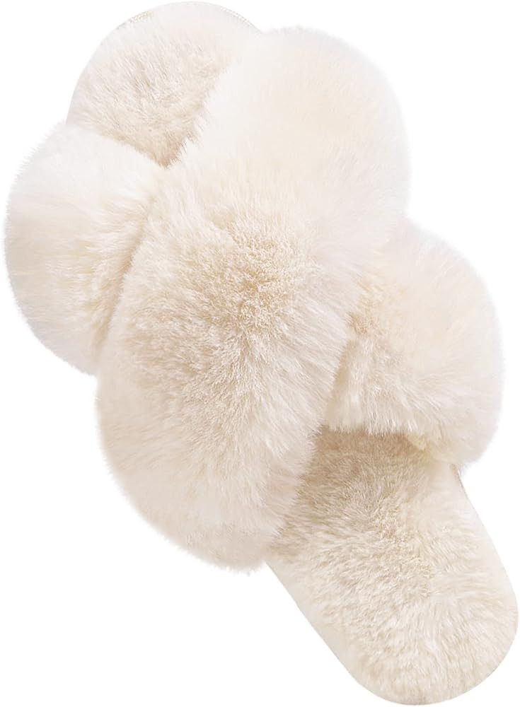 DL Womens Cross Band Soft Plush Slippers Furry Fleece Slip on Slippers Open Toe House Shoes Slide... | Amazon (US)