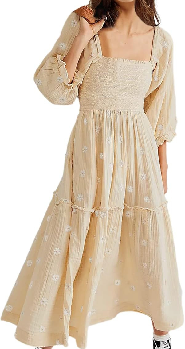 AnotherChill Women's Casual Embroidered Maxi Dress Floral Flowy Square Neck Dresses with Puff Sleeve | Amazon (US)