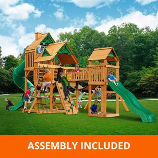 Pro Assembled Treasure Trove I Treehouse Wooden Outdoor Backyard Playset with Clatter Bridge, Tube Slide, and Rock Wall | The Home Depot