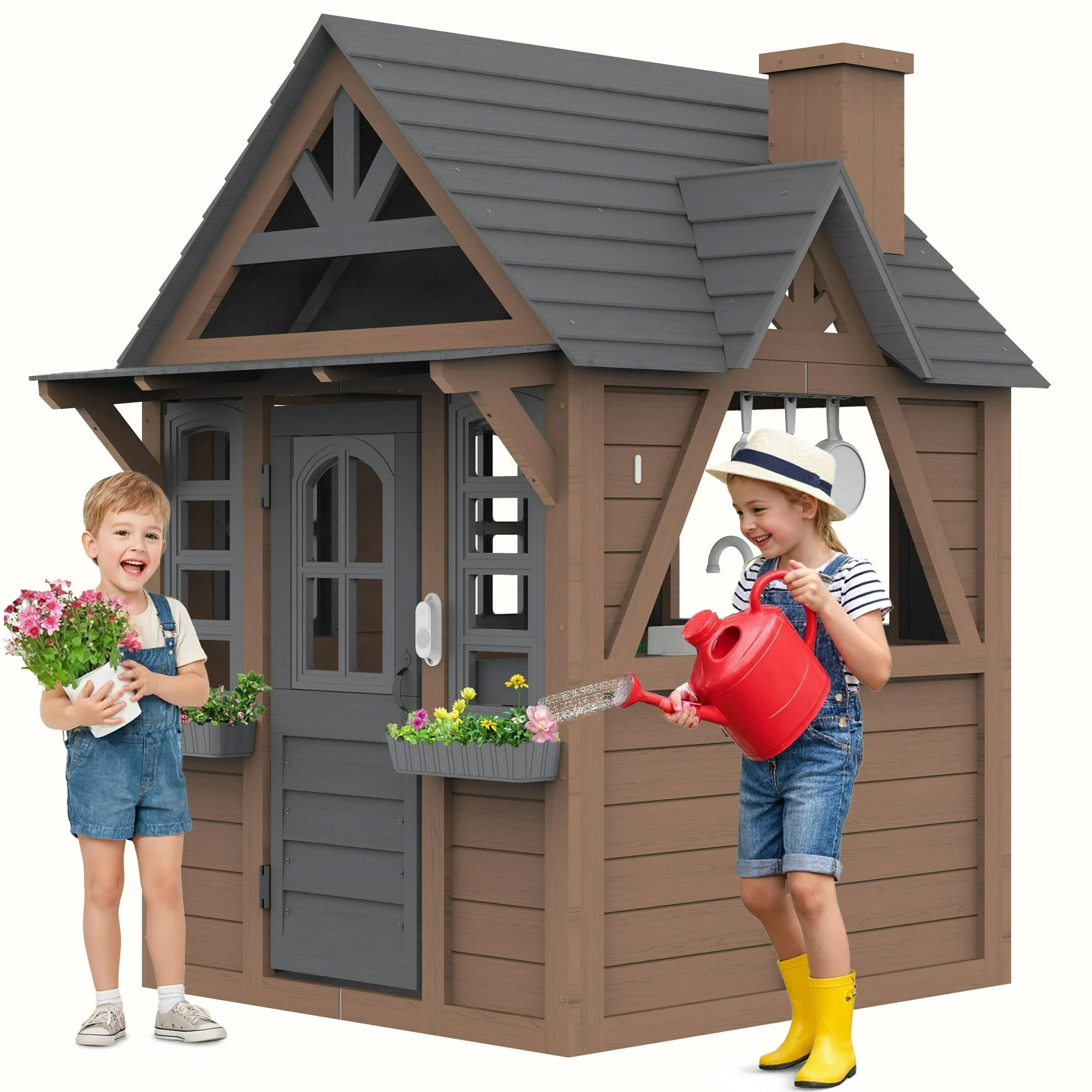 COCLUB Outdoor Playhouse for Kids Ages 4-8, Wooden Play House with Doorbell, Phone, Kitchen Toys,... | Walmart (US)