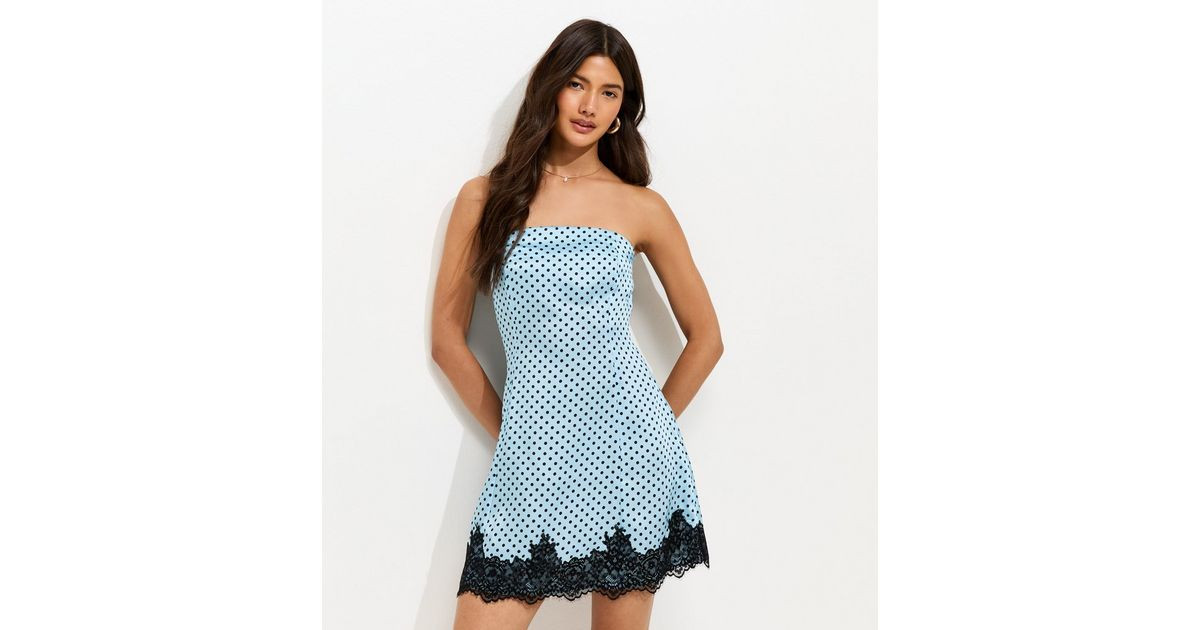 Blue Satin Polka Dot Lace Trim Mini Dress | New Look | New Look (UK)