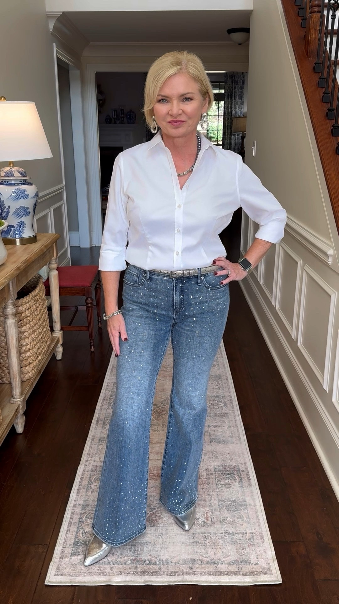 These jeans from Chico's are the perfect thing to add some subtle sparkle to your holiday outfits! The scattering of rhinestones catches the light perfectly and the flare leg style is so slimming & leg-lengthening.  I've paid them here with 2 different tops for different looks. I'm wearing a 00 Reg in the jeans, Medium in the sweater & 0.5 in the white shirt. 

Jeans
Holiday outfits
Thanksgiving outfit
Jeans
Metallic
Fashion over 50

#fashionover50
#womenover50
#midlifewomen
#lovechicos
@lovechicos
#thanksgivingoutfit
#holidayoutfit

#LTKHoliday #LTKStyleTip #LTKSaleAlert