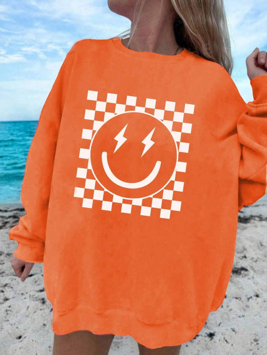 Casual Round Neck Sweatshirt For Tween Girls, Checkerboard & Smiling Face Print, White | SHEIN