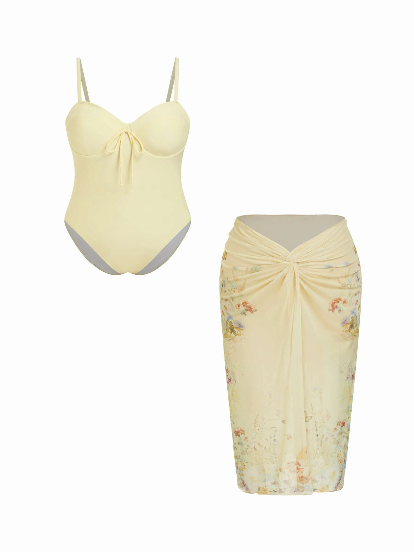 Knit Fabric Sweetheart Tie Front One-piece Swimsuit With Floral Sarong Curve & Plus For Vacation ... | Cider