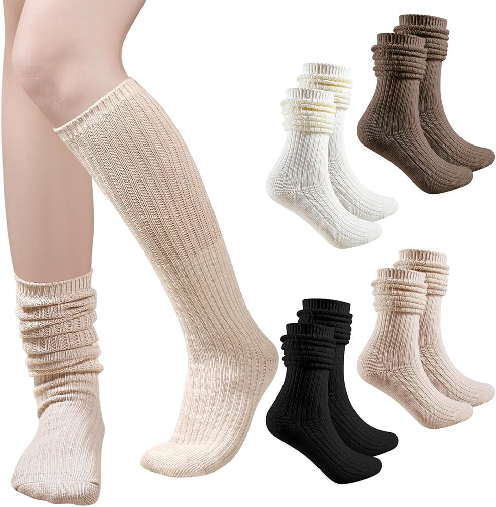 Womens Slouch Long Socks: 4 Pairs Boot Socks Pairs with Sneakers - Knit Ribbed Fabric | Amazon (US)