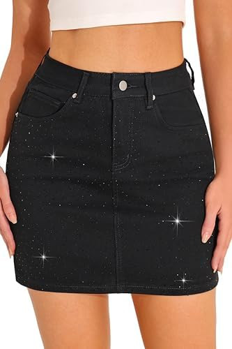 GUANYY Jean Skirts for Women Denim Sparkle Rhinestone Diamond High Waisted Stretch Mini Skirt | Amazon (US)