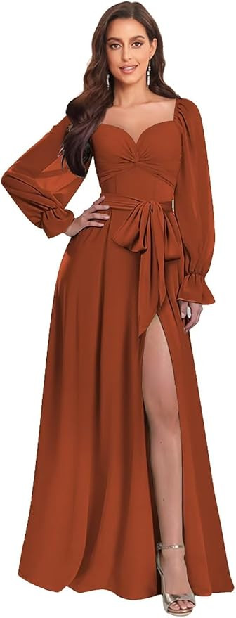 Mollyevers Long Sleeve Chiffon Bridesmaid Dresses for Women Long Formal Evening Gowns with Slit | Amazon (US)
