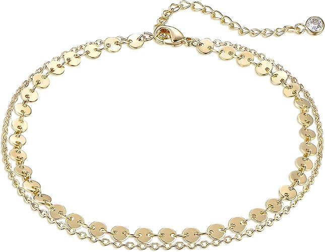 Women Dainty Anklet,14K Gold Plated Satellite Anklet Double Layered Cute Beads Chain Tassel Coin ... | Amazon (US)