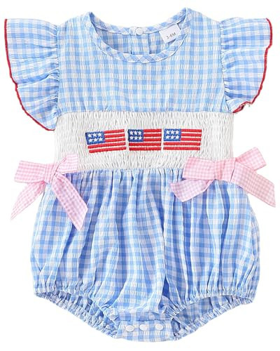 Yvowming 4th of July Baby Girl Outfits Newborn Summer Clothes Bubble Romper Embroidery Ruffle Sleeve Smocked Bodysuit(Blue, 12-18 Months) | Amazon (US)