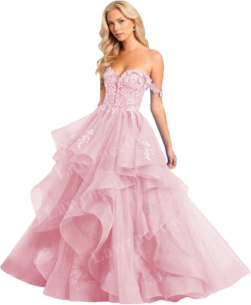 Off Shoulder Glitter Tulle Prom Dresses Ruffle Tiered Long Ball Gown Sweetheart Laces Appliques P... | Amazon (US)