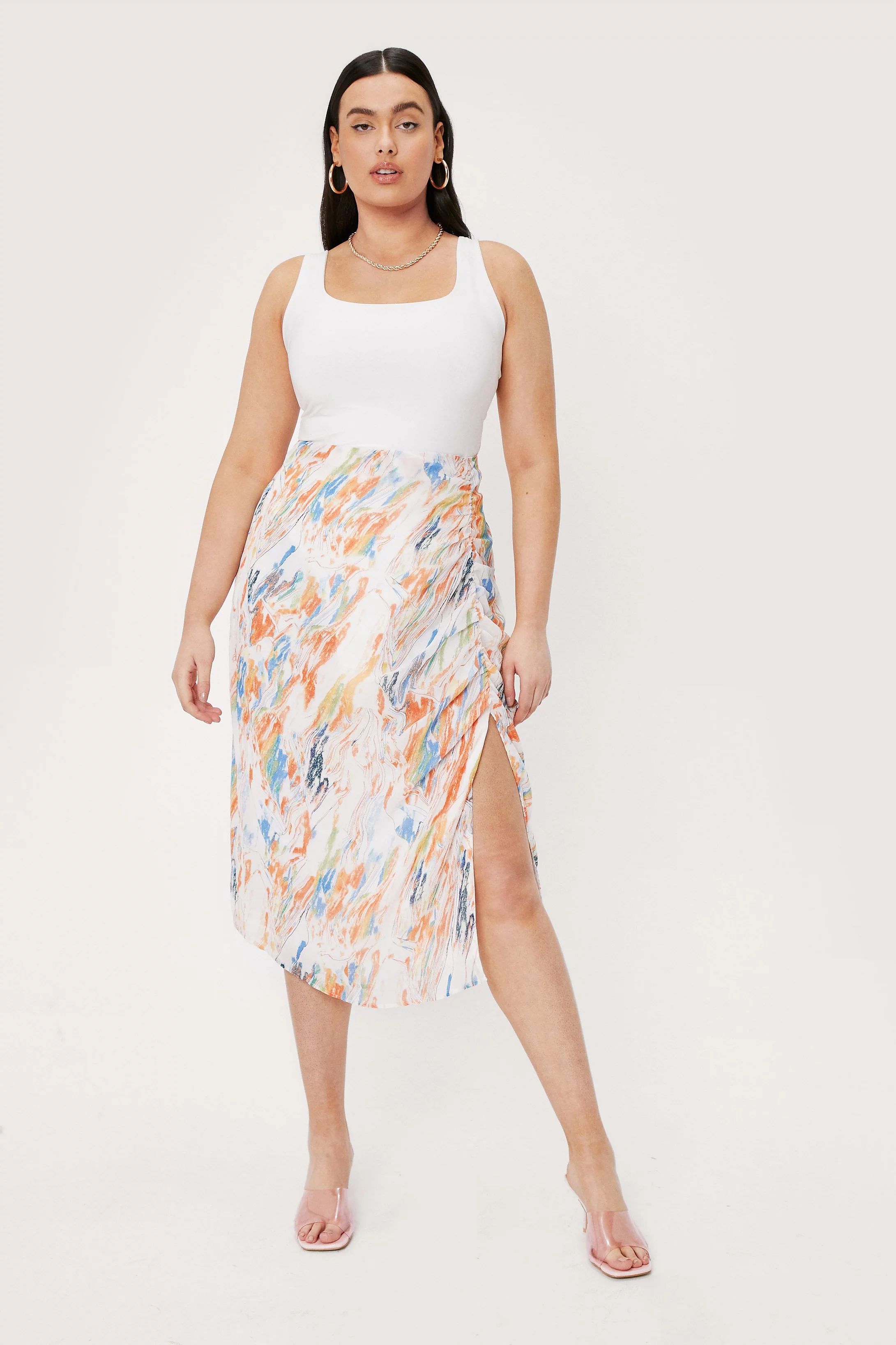 Plus Size Abstract Print Ruched Midi Skirt | Nasty Gal (US)