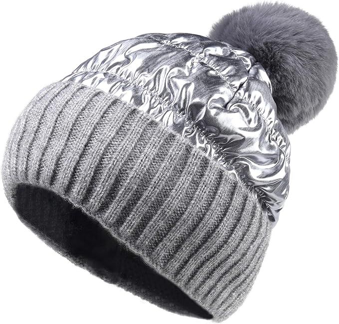 Pilipala Women's Winter Knit Beanie Hat Shiny Metallic Pom Bobble hat Warm Ski Skull Cap Unisex | Amazon (US)