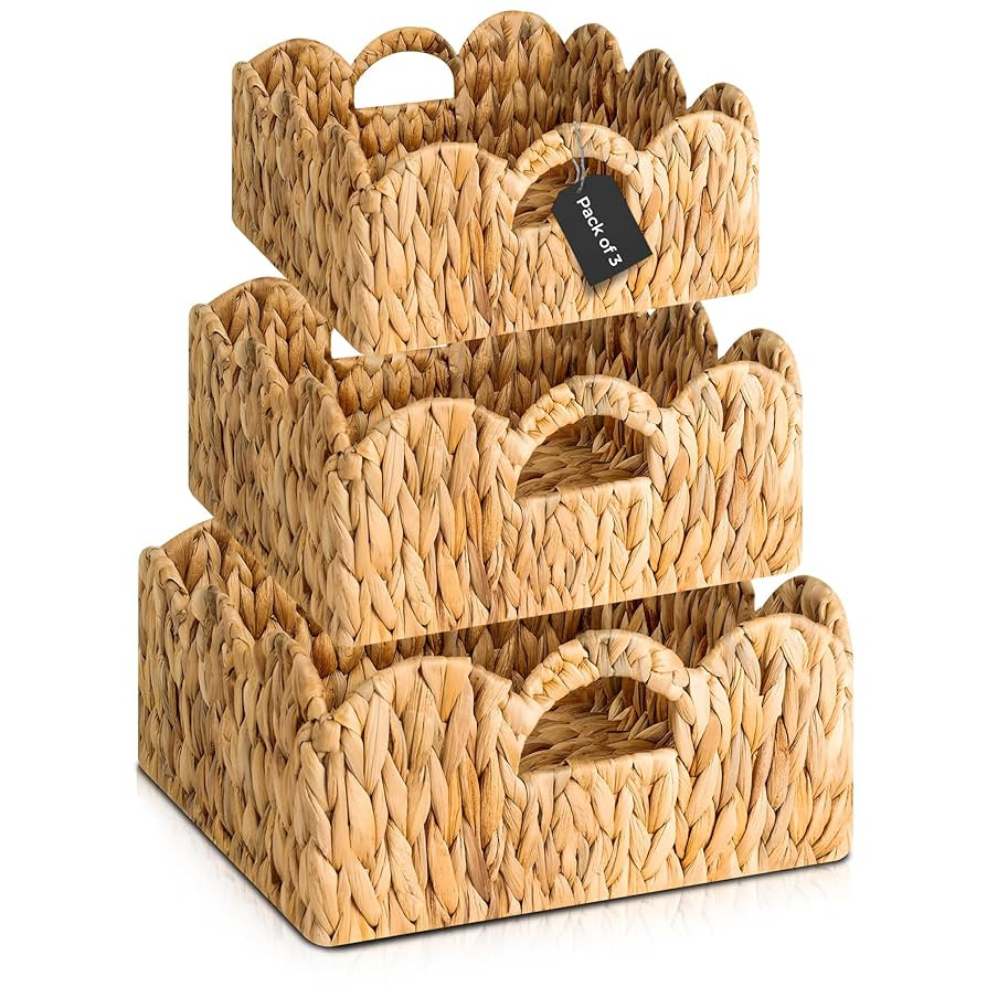 Elegant Scalloped Wicker Basket Set with Handles - Set of 3 | Handwoven Water Hyacinth Baskets fo... | Amazon (US)