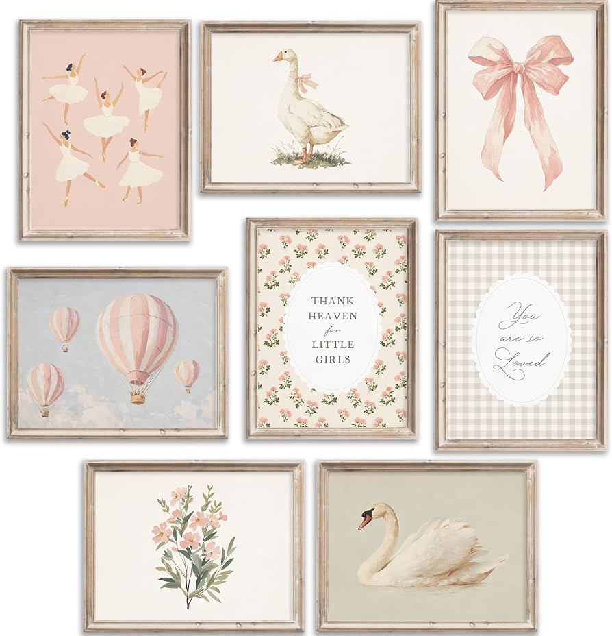 Vintage Girl Nursery Wall Art Pink Baby Girls Room Canvas Wall Decor Floral Swan Goose Poster Bow... | Amazon (US)