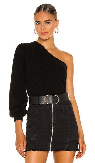 Bergamot Fuzzy One-Sleeve Sweater in Black | Revolve Clothing (Global)