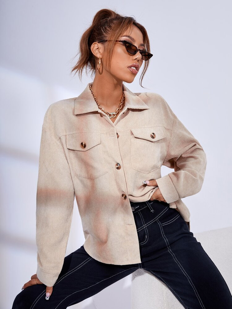 Single Breasted Flap Pocket Belted Cord Blouse | SHEIN