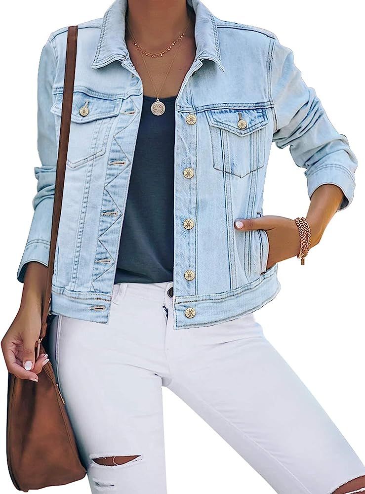 Women's Basic Button Down Stretch Fitted Long Sleeves Denim Jean Jacket | Amazon (US)