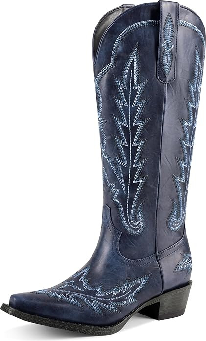 Cowboy Boots For Women Knee High Cowgirl Boots Wide Calf Low Chunky Heel Retro Pull On Western Ta... | Amazon (US)