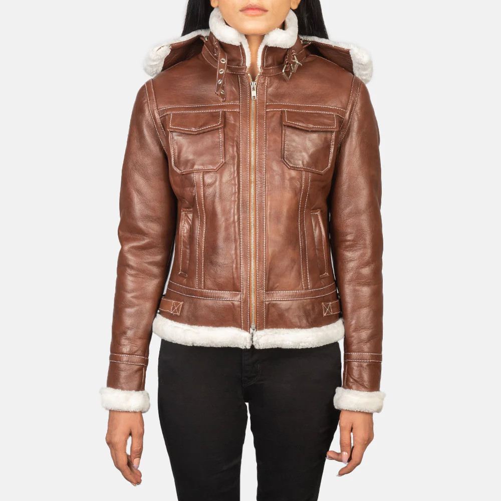 Women's Fiona Brown Hooded Shearling Leather Jacket | The Jacket Maker