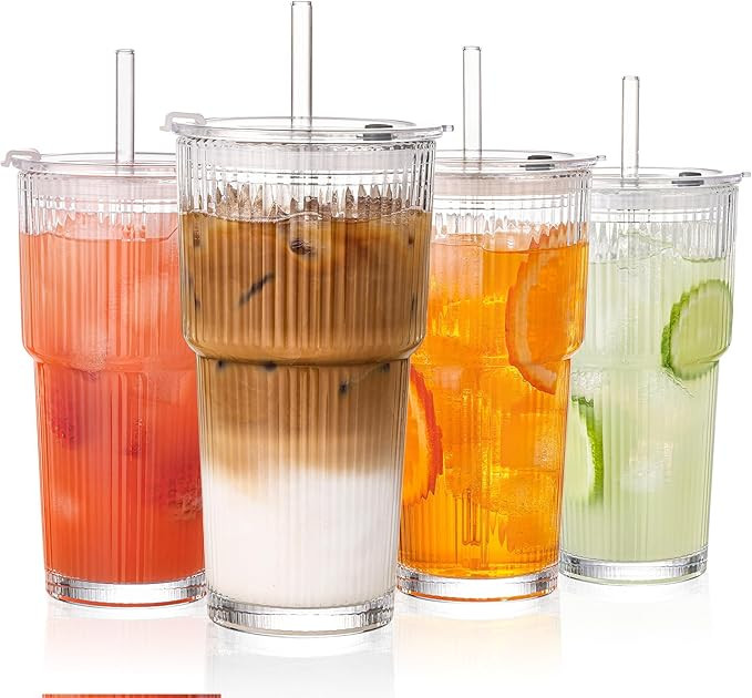 GOSCHE 20oz Glass Tumblers with Straws and Lids, Ribbed Iced Coffee Cups Leak-proof, Dishwasher S... | Amazon (US)