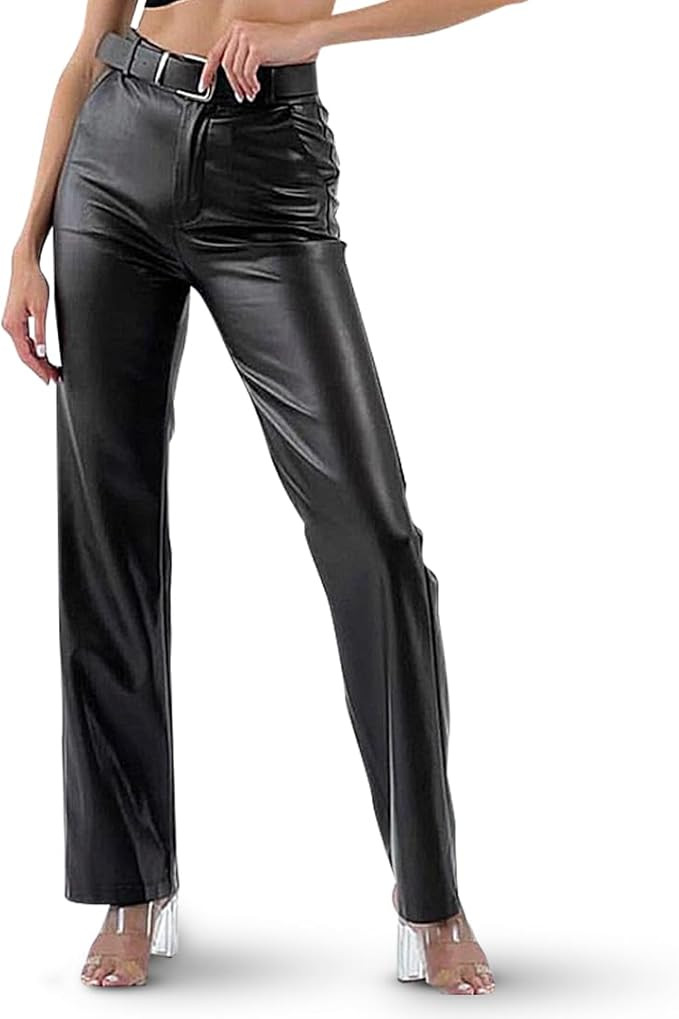NovaStoorez Women's High Waist Straight Leg Faux Leather Pants with Pockets and Belt | Amazon (US)