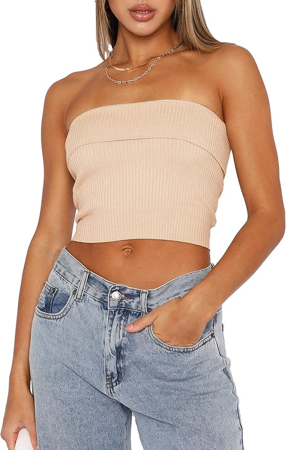 PICPUNMAK Women Solid Strapless Bandeau Tube Crop Top Casual Slim Fit Sleeveless Ribbed Cropped T... | Amazon (US)