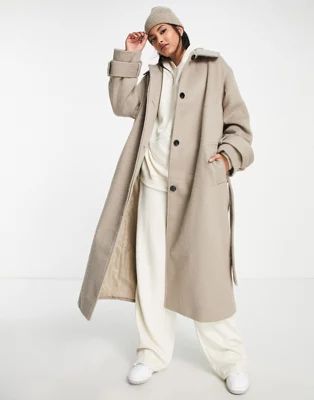 ASOS DESIGN brushed boyfriend wool mix coat in mushroom | ASOS (Global)